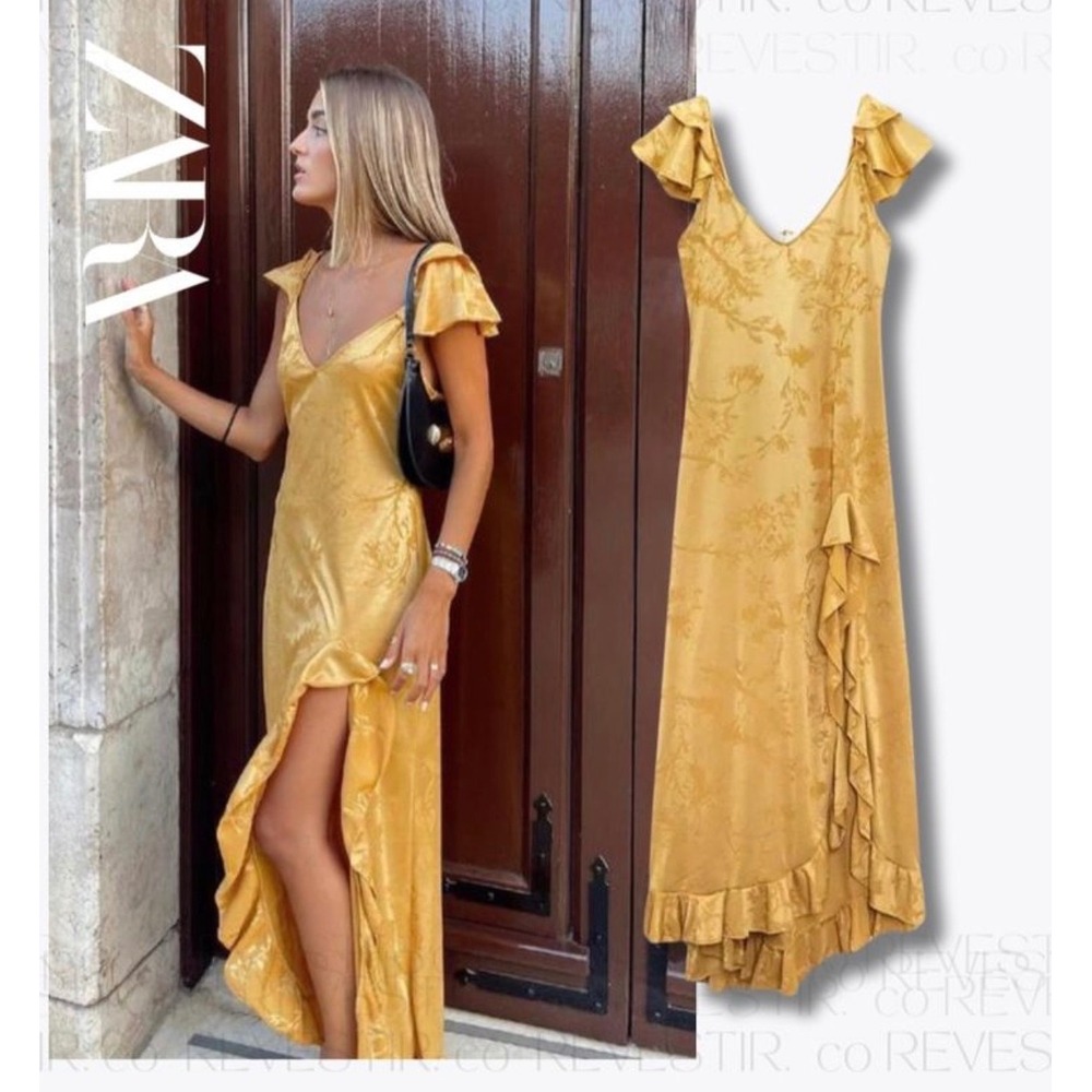 Zara Yellow Floral Jacquard Ruffle Maxi Dress Open Back Satin Size L NWOT Flowy